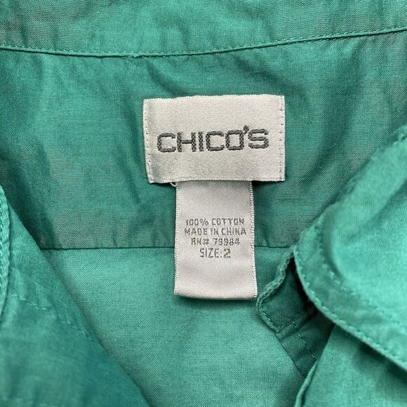CHICOS Emerald Green 100% Cotton Roll Tab Button Up Shirt Size Large (2) Collar - Picture 7 of 10